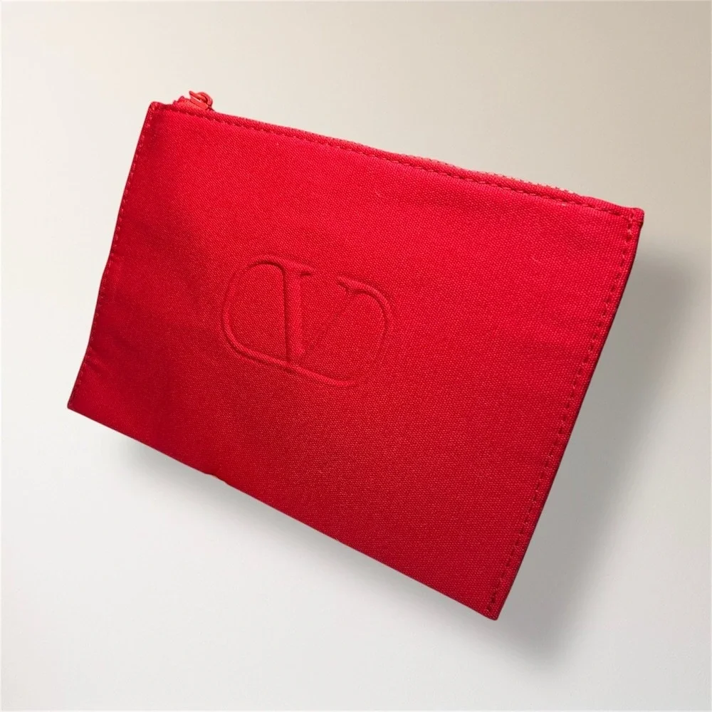 New VALENTINO V Logo Red Zipper Cosmetic Pouch‎ Bag Makeup Cotton Resort Travel